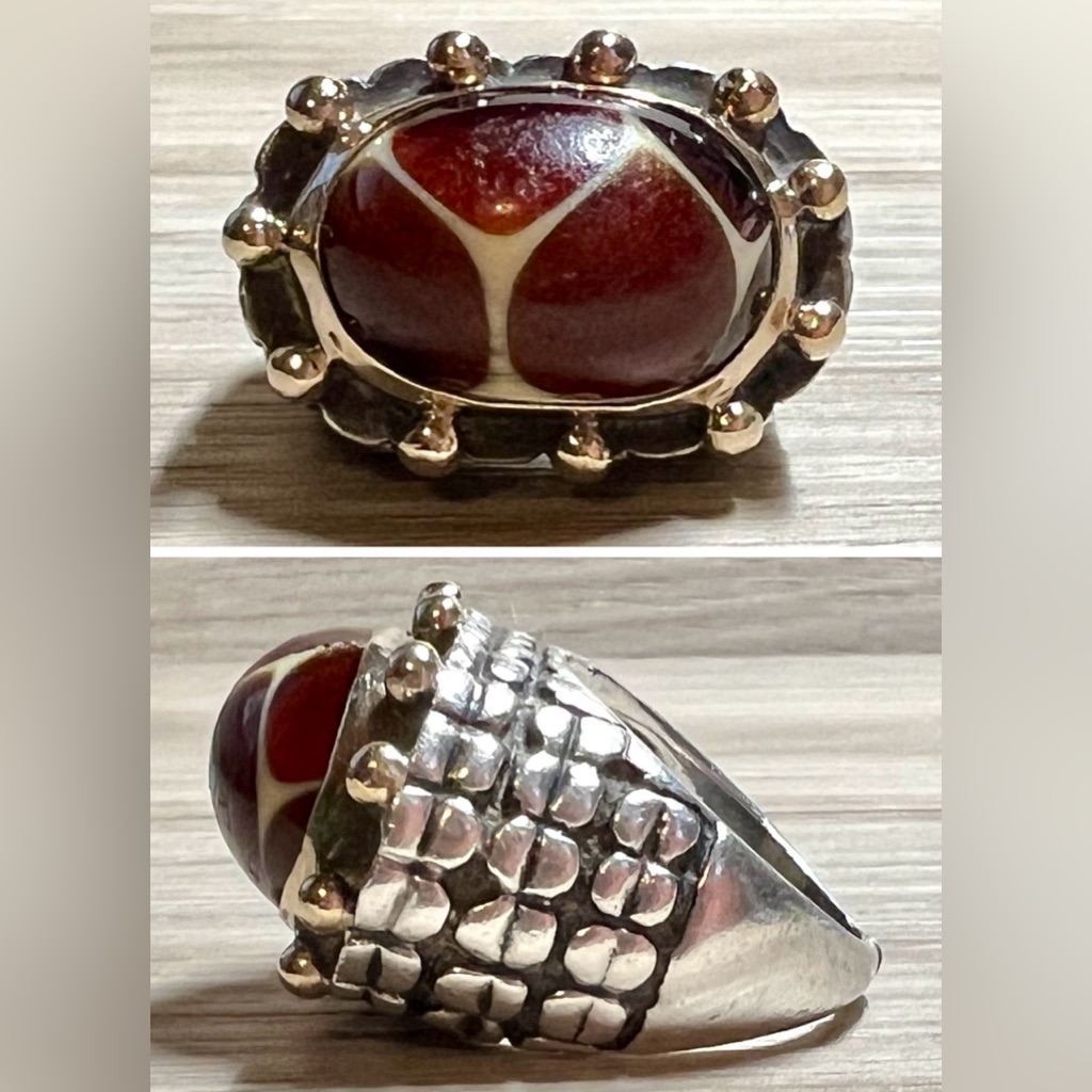 Designer Dian Malouf Sterling Silver & 14k Gold Red Agate Ring, Size 7.5, Flawed